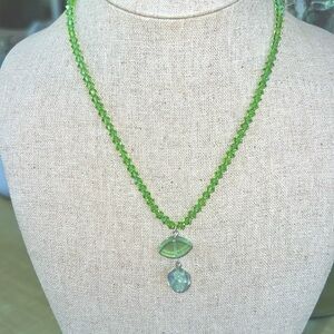 Artisan Handmade Green Swarovski Crystal Necklace with Fluorite Dangle